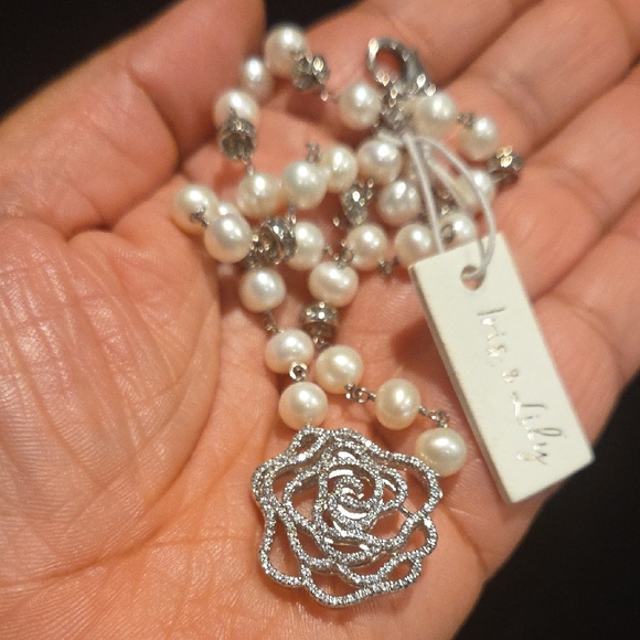 Iris & Lily Jewelry - Iris & Lily White Pearl and Silver tone Rose Necklace